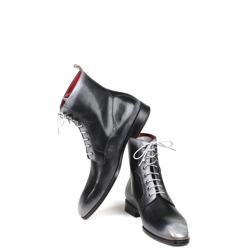 Premium Plain Toe Lace Up Leather Ankle Boot Grey