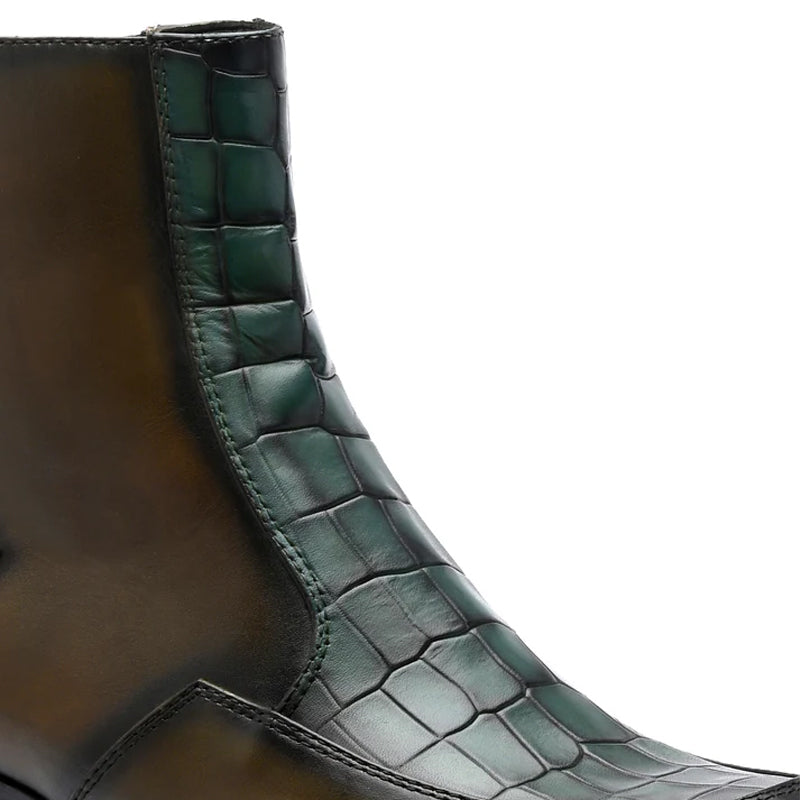 Luxury Croco Textured Leather Side-Zipper Boot Green and