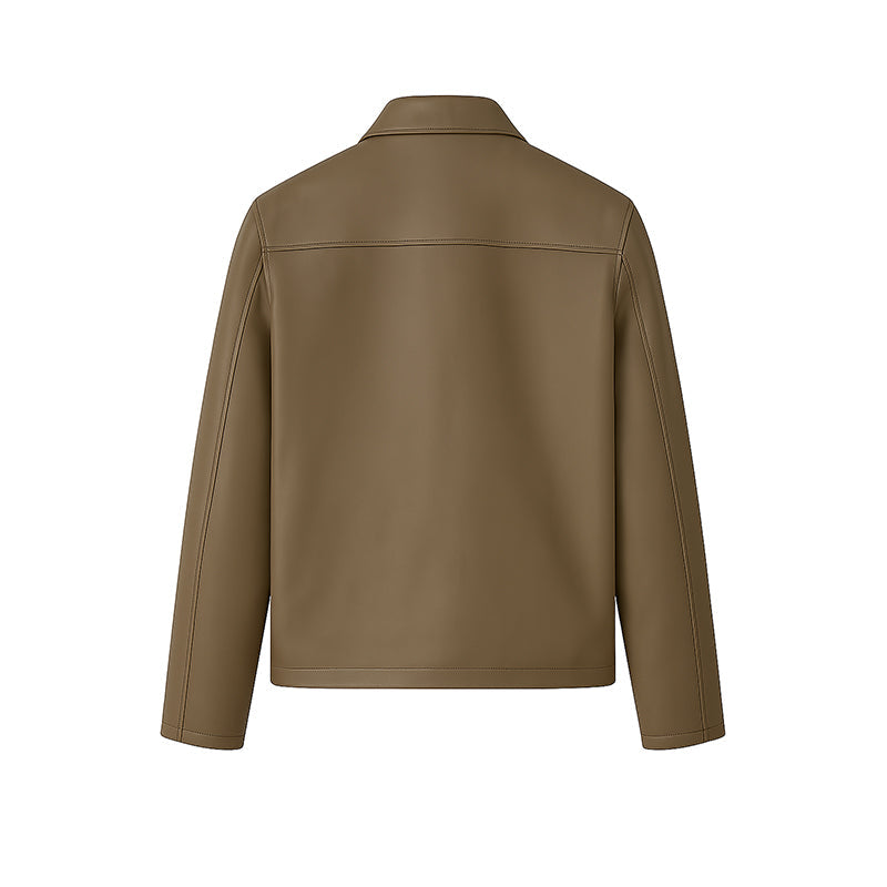 Men s Plain Casual Beige Leather Jacket with Collar