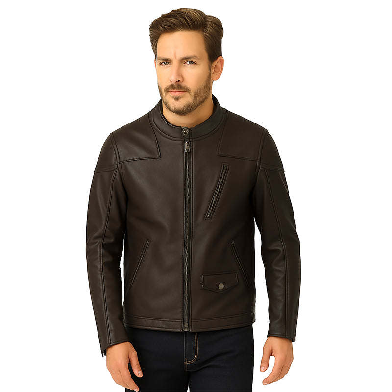 Men’s Zip-Up Vintage Black Biker Jacket with Stand Collar & Pockets