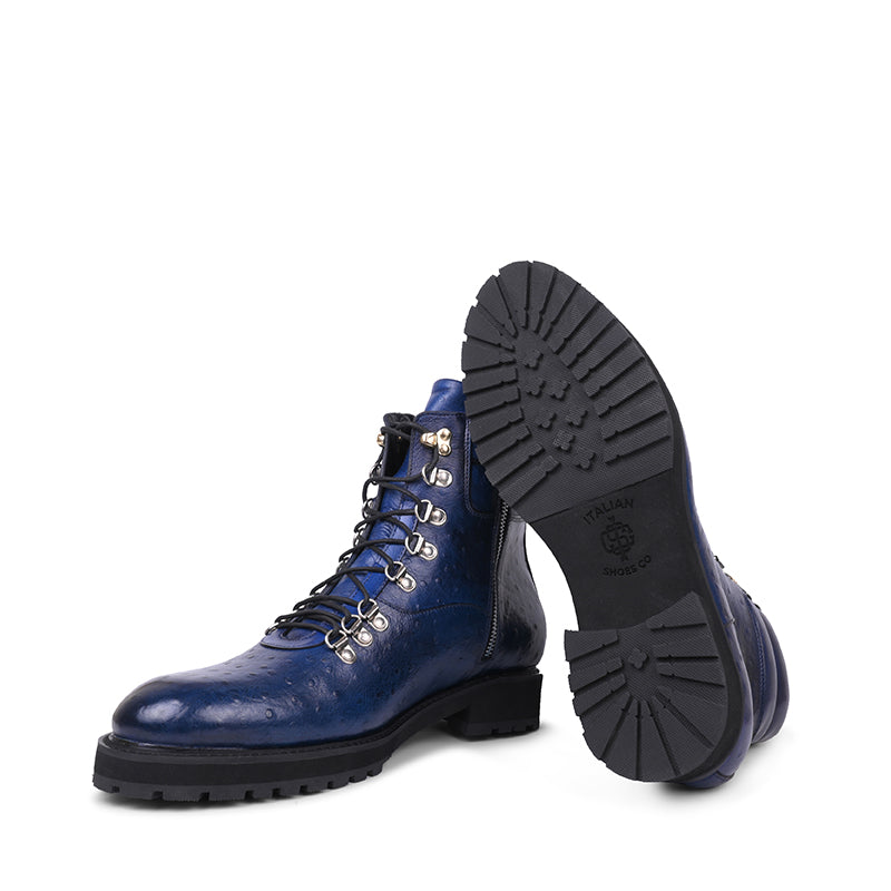 Men Solid Leather Side Zip Biker Ankle Blue Boot
