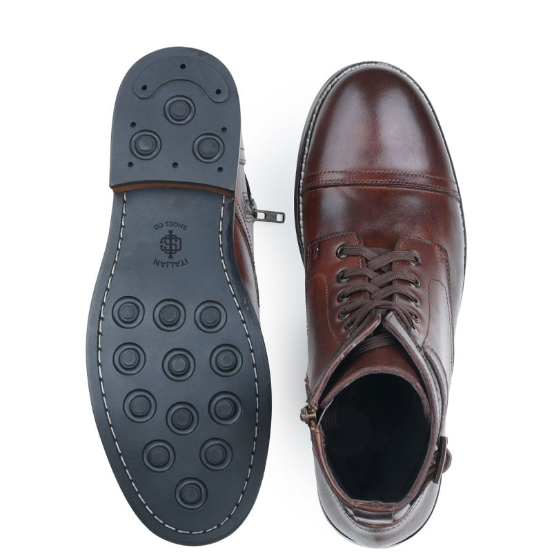 Men Solid High Buckle Leather Ankle Brown Boot