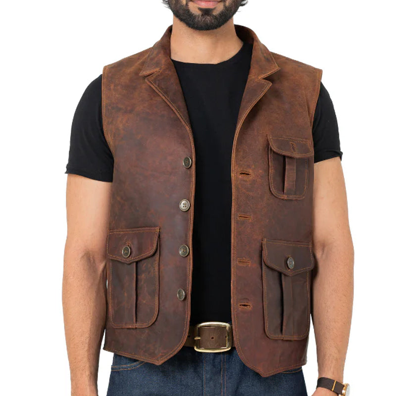 Men Slim Fit Half Sleeve Leather Jacket