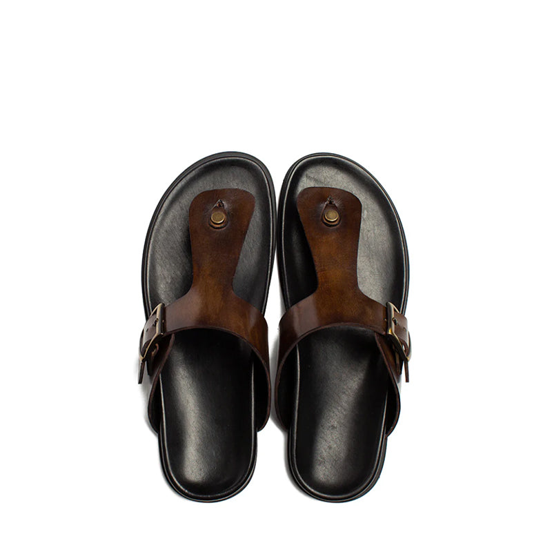 Men Slip-On Leather Brown Buckle Sandal