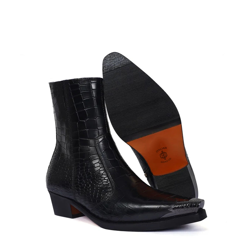 Luxury Croco Print Leather Side-Zipper Boot