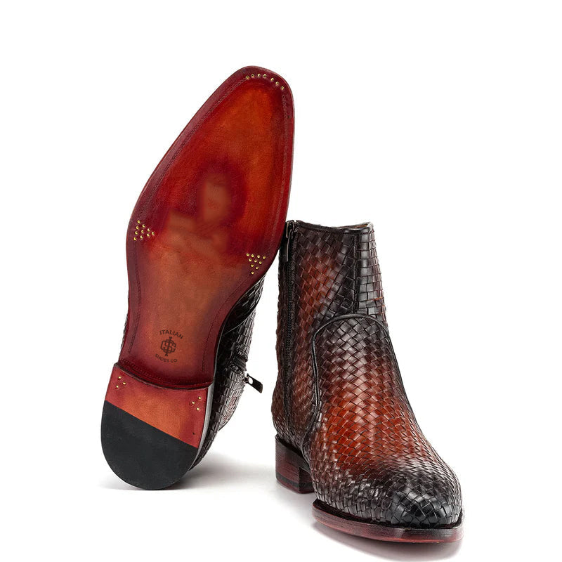 Luxury Stylish Woven Leather Side Zipper Boot Brown