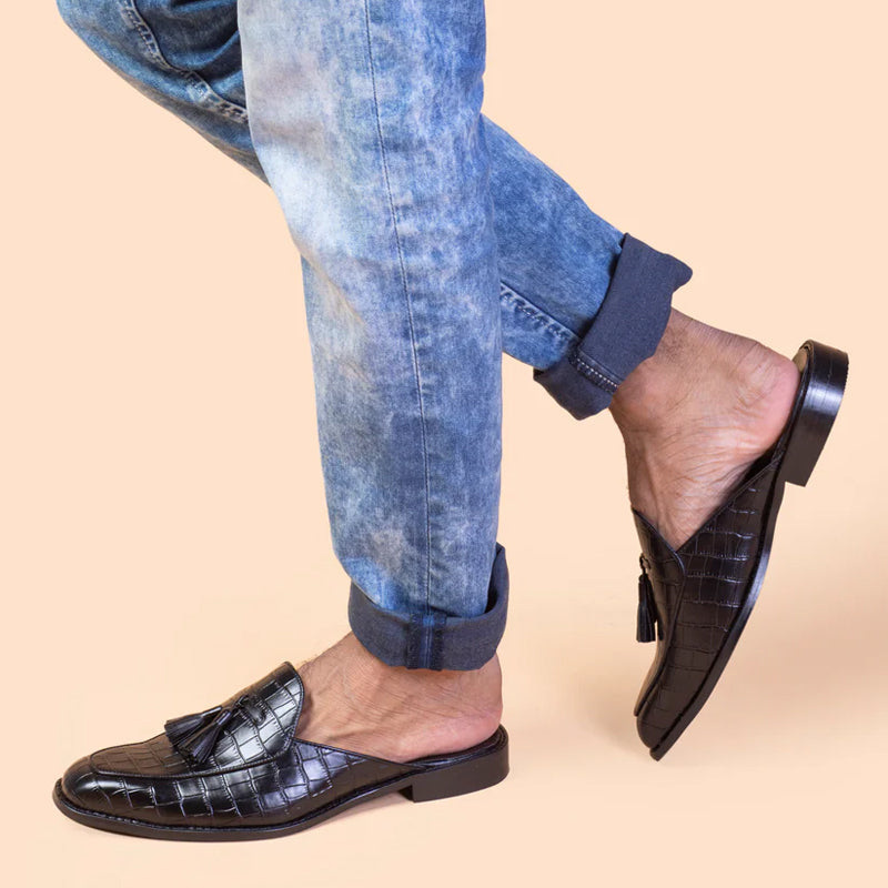 Croco Textured Leather Tassel Mule Shoe