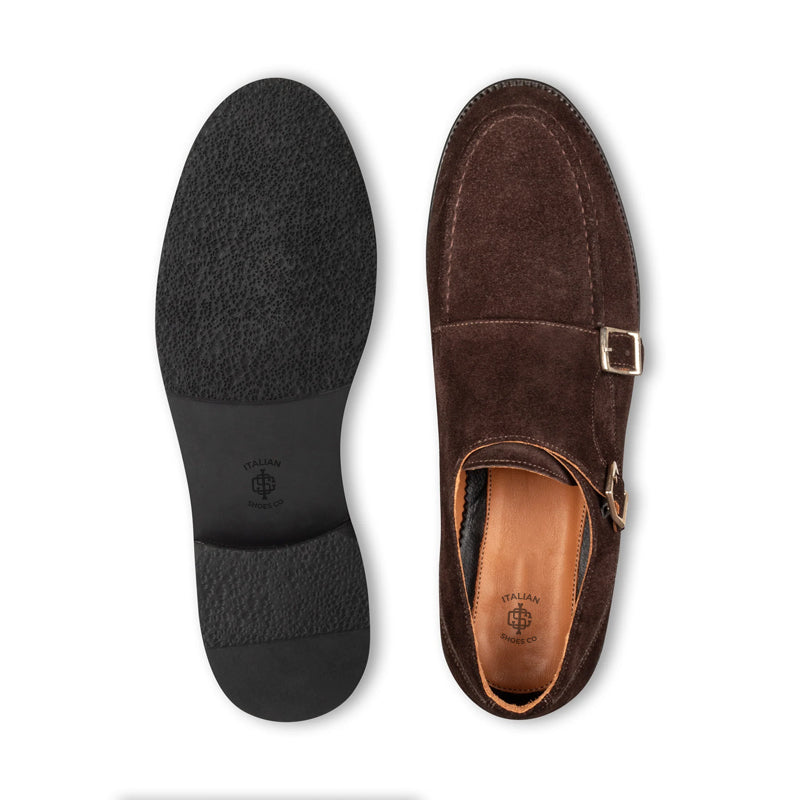 Men Suede Leather Double Monk Straps Brown Shoe
