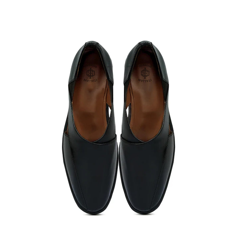 Cross Strap Slip On Leather Peshawari Black Sandal