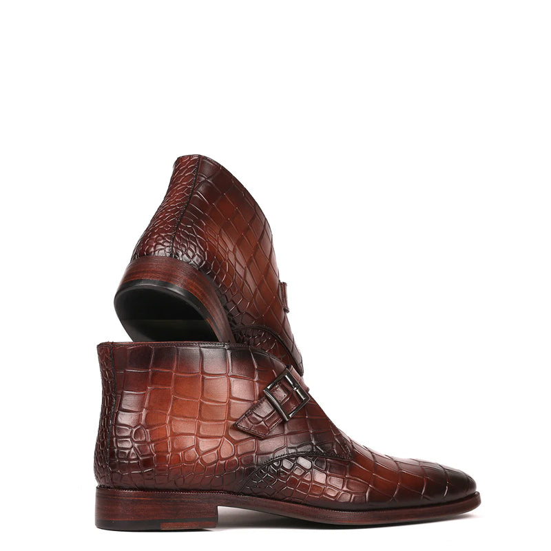 Single Monk Straps Croco Print Leather Ankle Boot