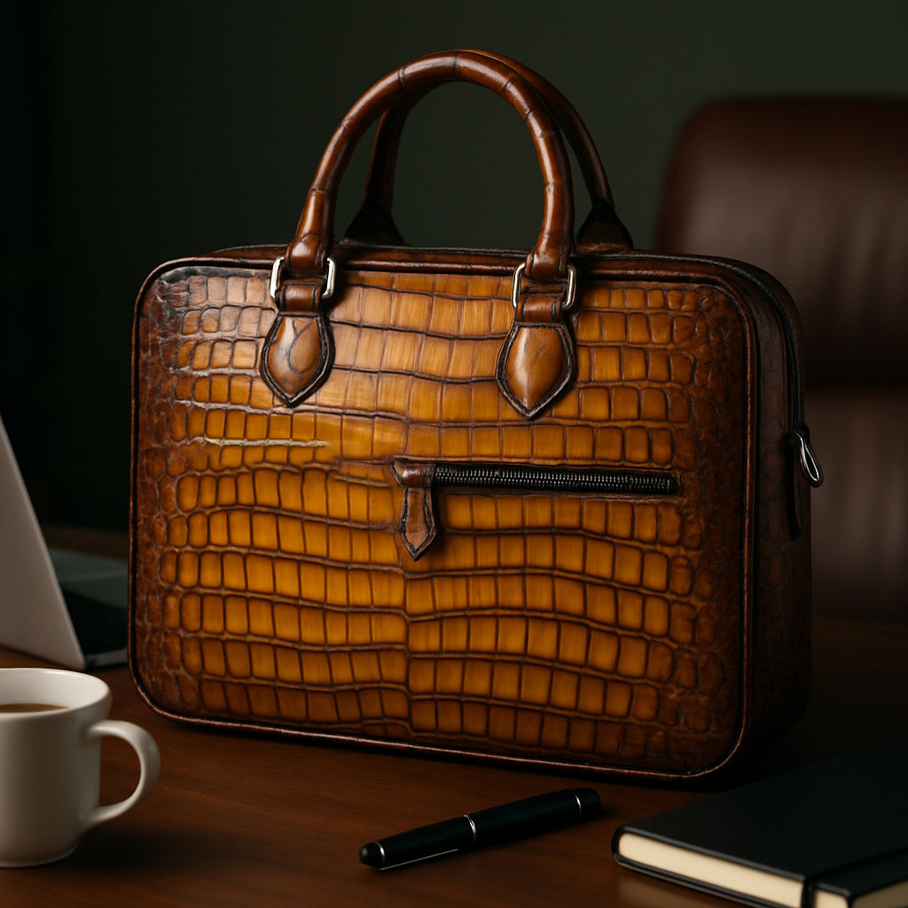 Men's Original Luxury Brown Crocodile Leather Briefcase Bag