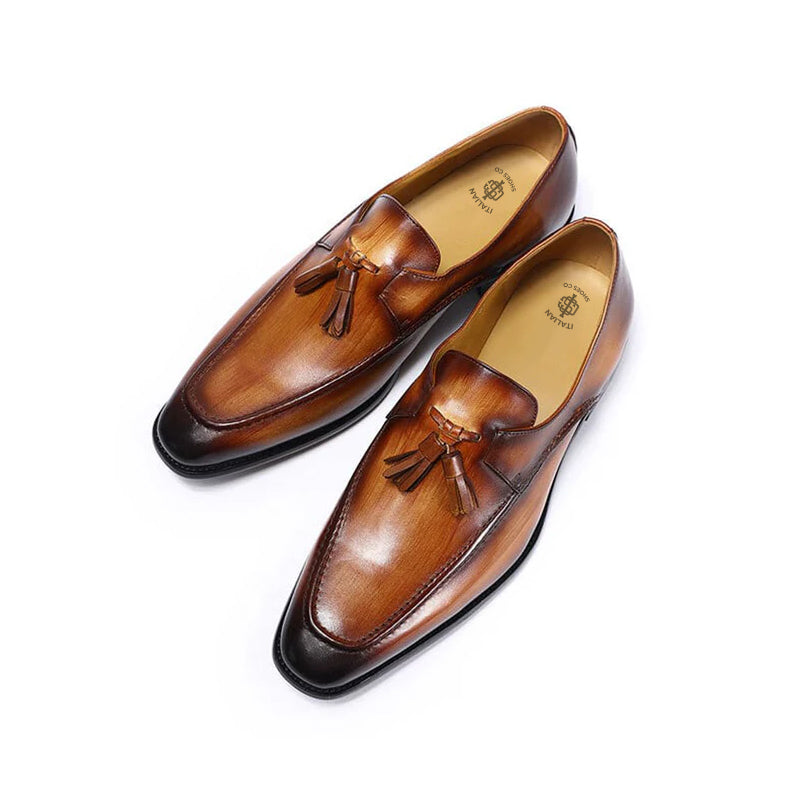 Cognac Leather Tassel Slip On Shoes