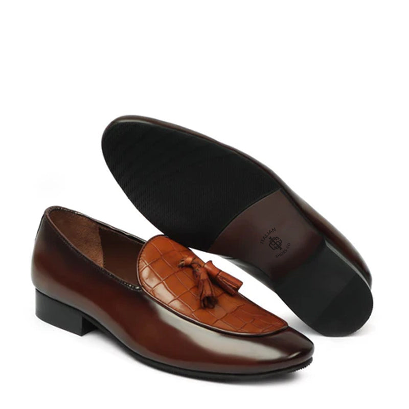 Croco Leather Tan/Brown Tassel Loafer With Deep Cut
