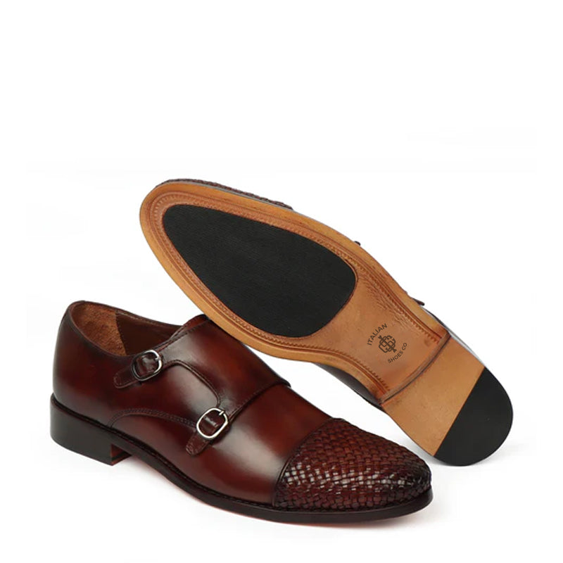 Double Monk Woven Leather Cap-Toe Brown Shoe
