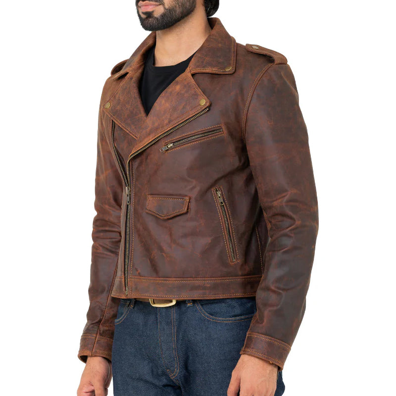 Men Solid Slim Fit Leather Biker Jacket