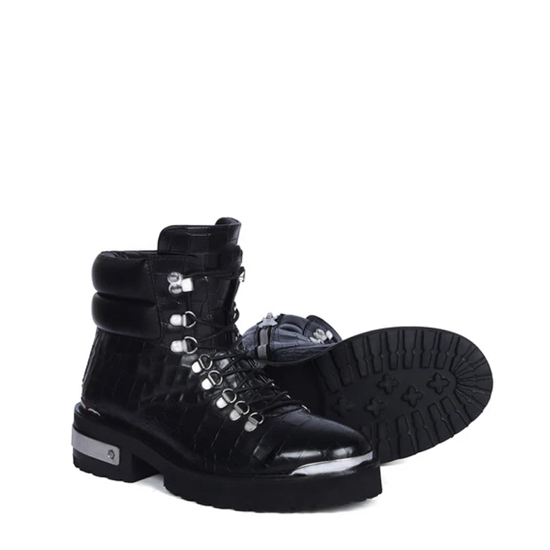 Croco Deep Cut Leather Lace-UP Ankle Boot