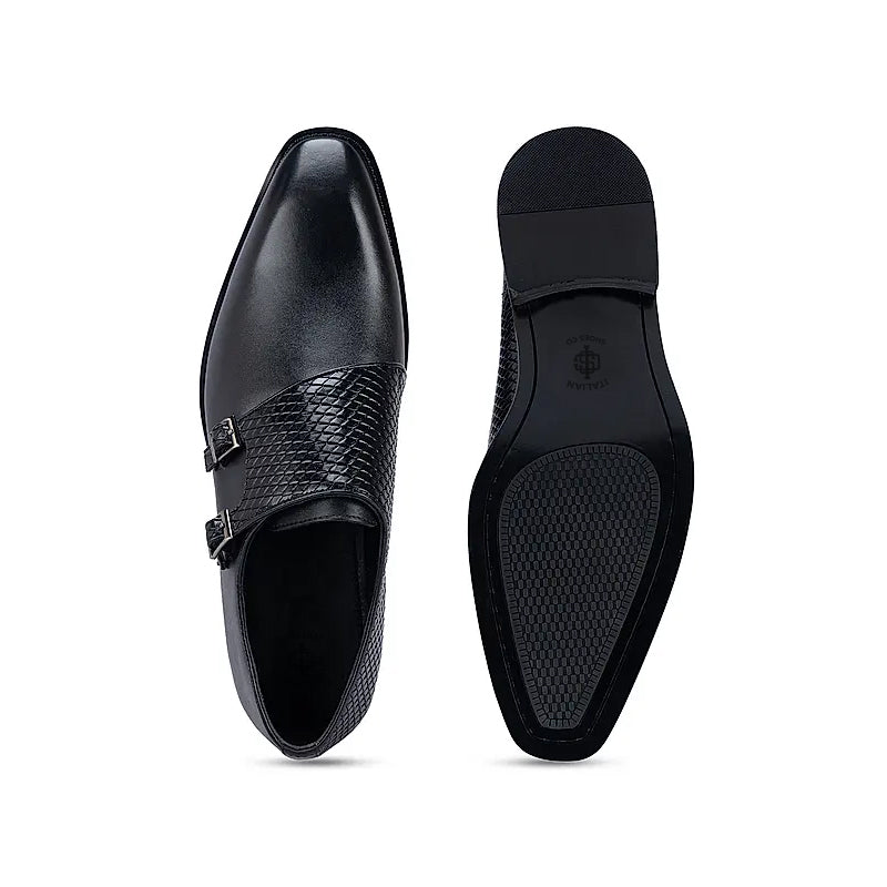 Polished Shiny Leather Textured Double Monk Shoe