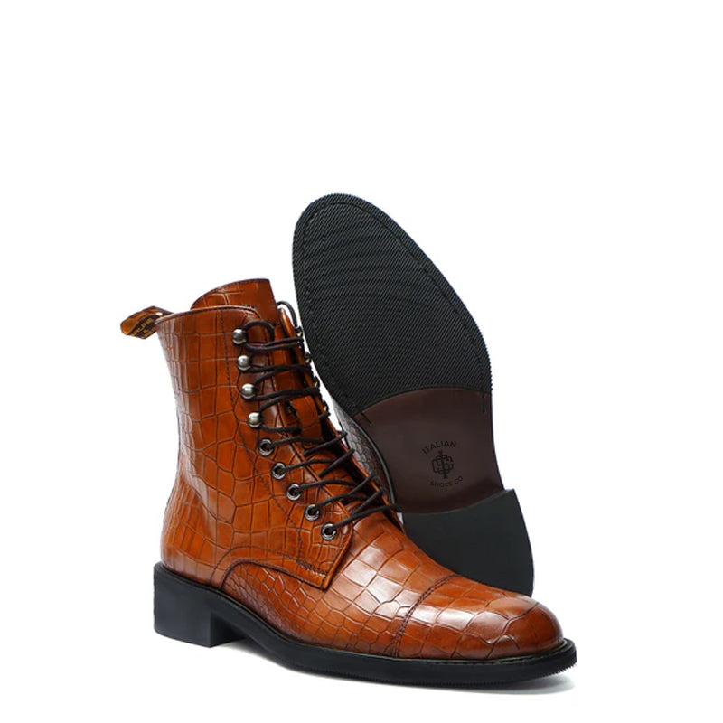 Croco Leather Lace-Up High Ankle Boot