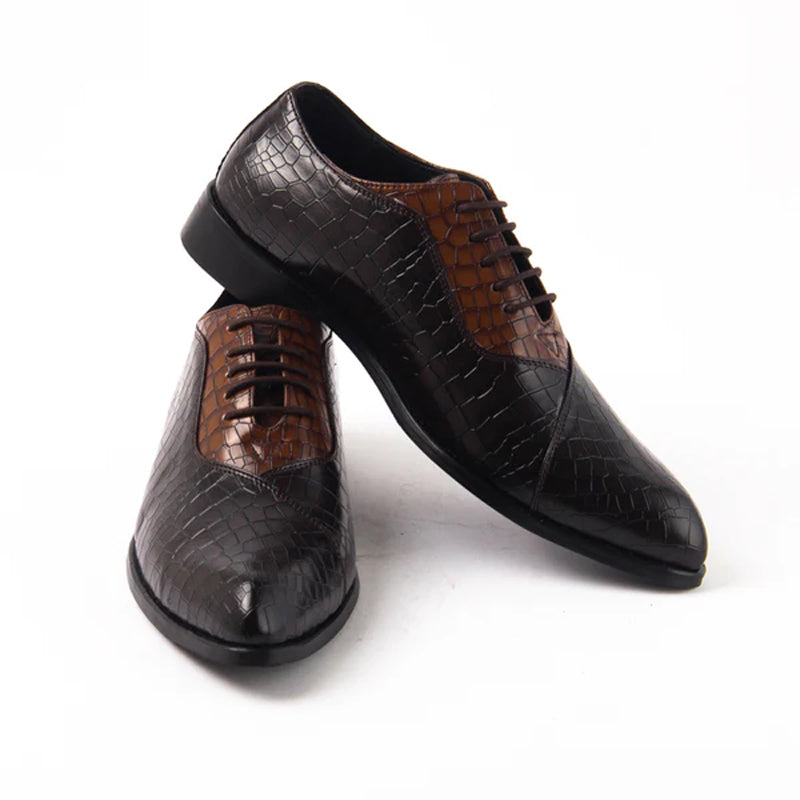 Classic Croco Pointed Toe Lace-Ups Oxford Shoe Tan and