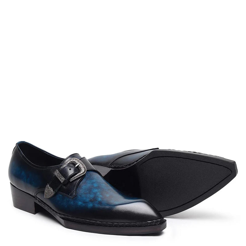 Plain Leather Single Monk Dark Blue Shoe With Side Buckle