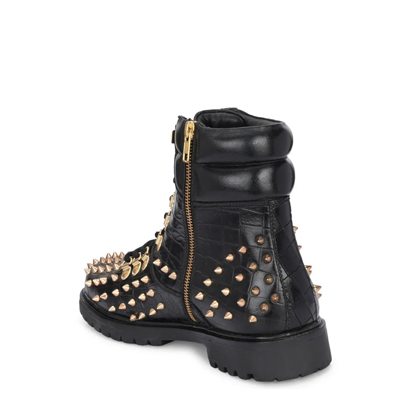 Croco Leather Studded Lace Up Biker Boots