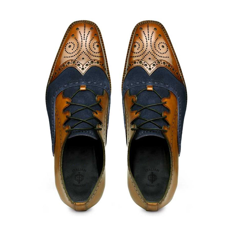 Criss Cross Wingtip Leather Oxford Shoe Tan and Navy