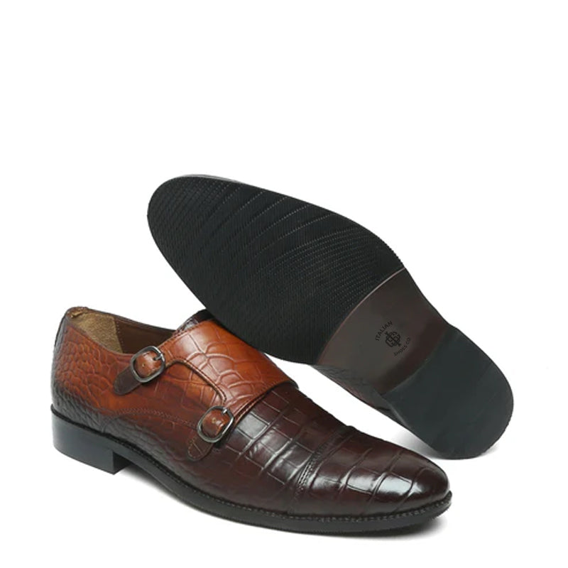 Men Croco Print Leather Double Monk Tan/Brown Shoe