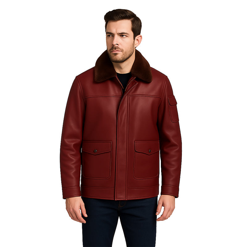 Men's Luxurious Brown Front Pocket Jacket with Fur Collar