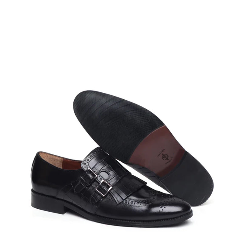 Croco Textured Double Monk Brown Shoe with Fringes