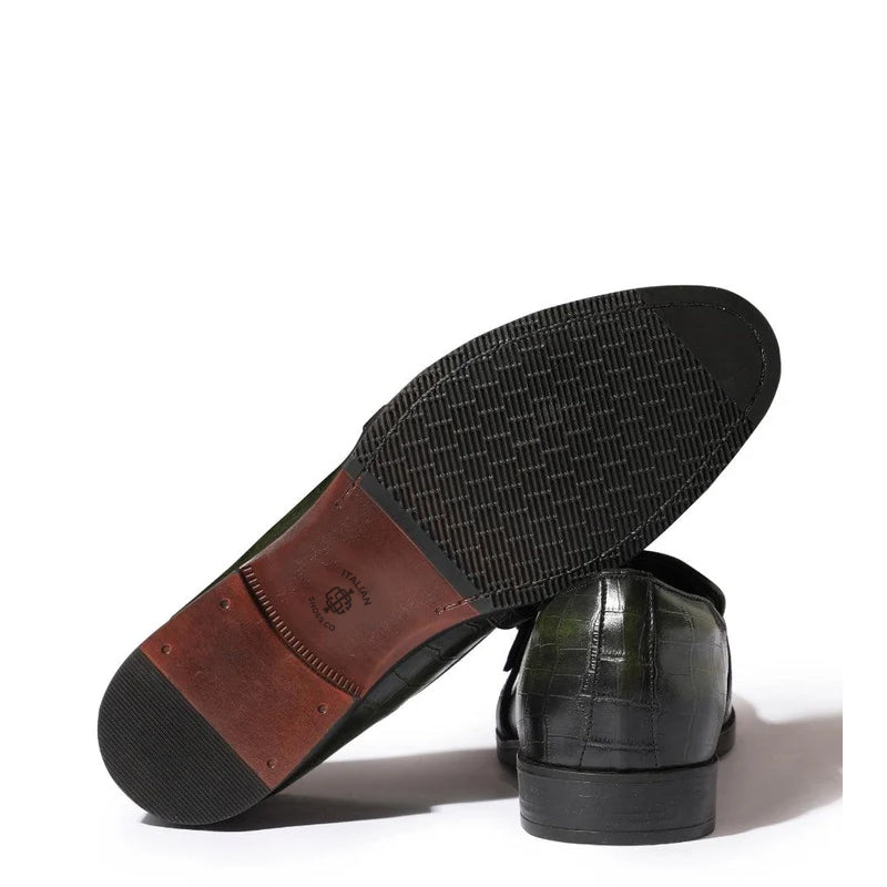 Croco Textured Leather Green Loafer With Side Buckle