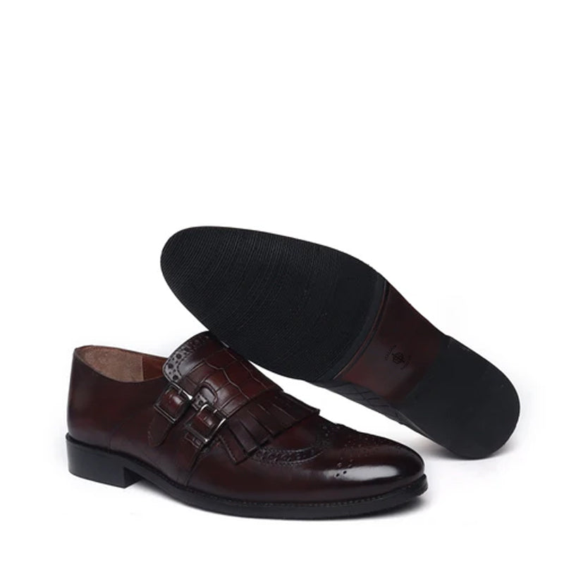 Croco Textured Double Monk Black Shoe with Fringes