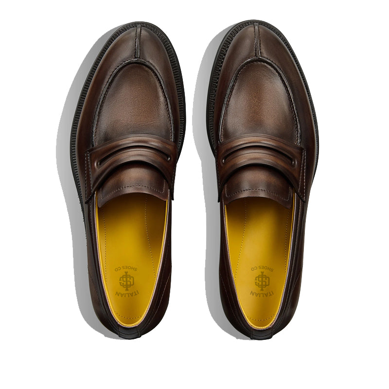 Mens Leather Round Toe Penny Loafer in Chunky Sole