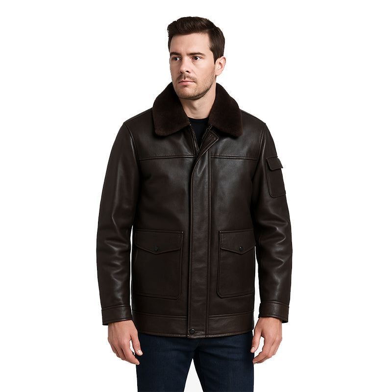 Men's Luxurious Black Front Pocket Jacket with Fur Collar