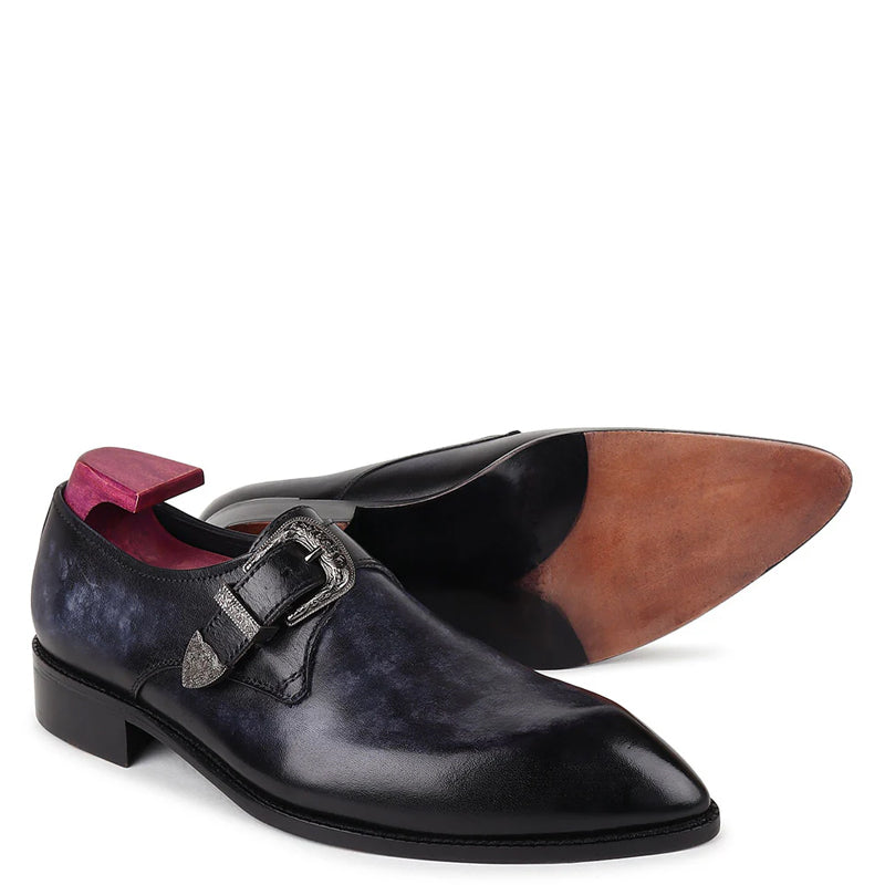 Plain Leather Single Monk Dark Blue Shoe With Side Buckle