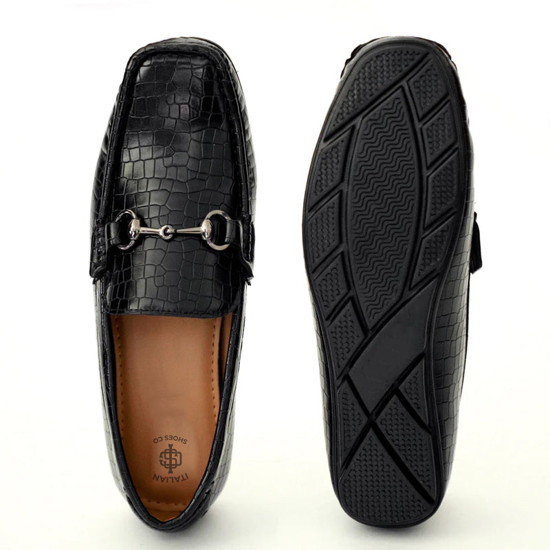 Croco Pattern Leather Horsebit Buckled Brown Loafer