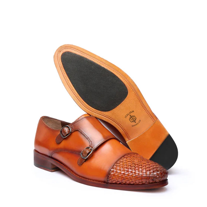 Double Monk Woven Leather Cap-Toe Tan Shoe