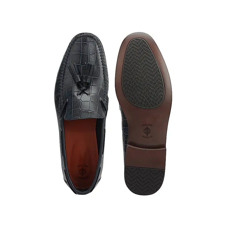 Crocodile Pattern Side Lacing Leather Tassel Loafer