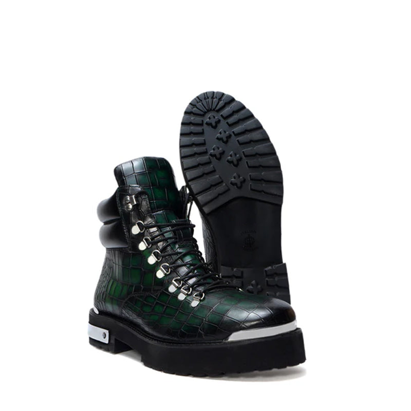 Croco Deep Cut Leather Lace-UP Ankle Boot