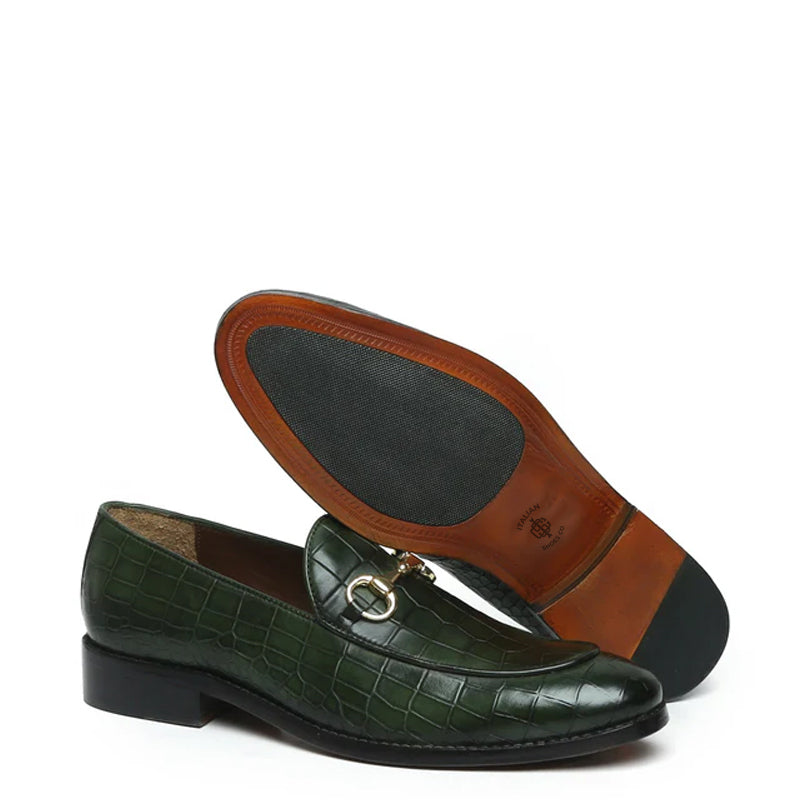 Croco Print Deep Cut Horse-bit Buckled Tan Loafer