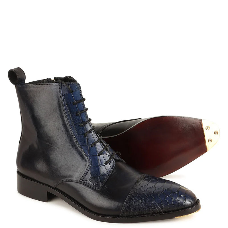 Croco Print Leather High Ankle Boots With Side Zip-Up