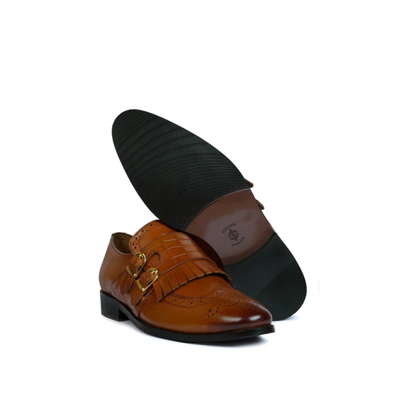 Croco Textured Double Monk Brown Shoe with Fringes