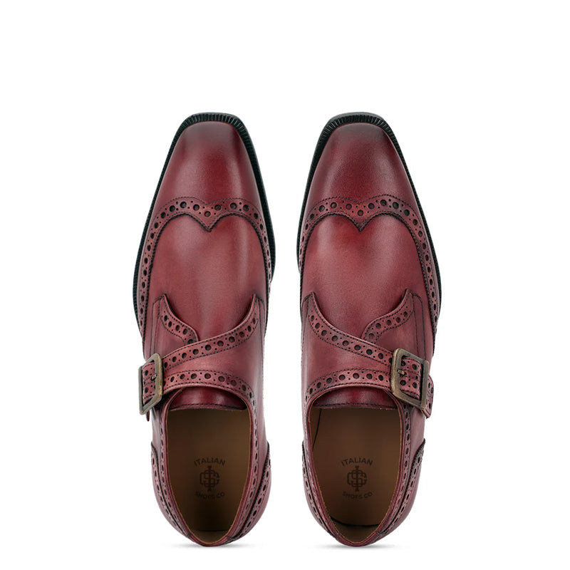 Leather Single Monk Strap Burgundy Shoe For Men