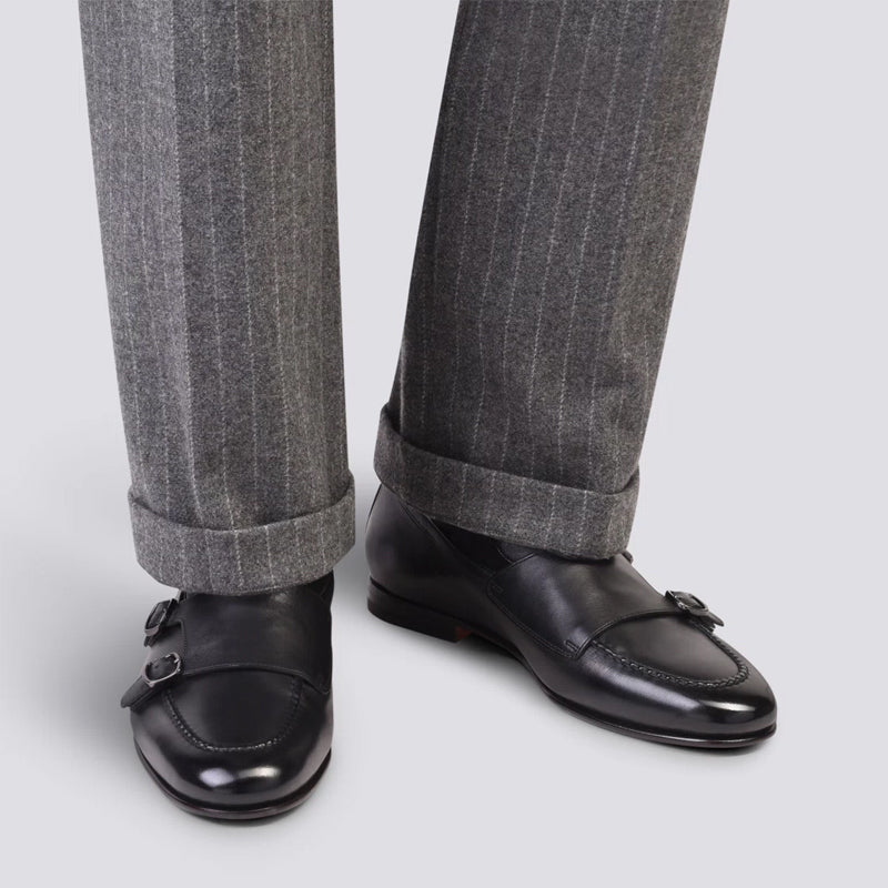 Men Black Polished Double Buckle Leather Loafer