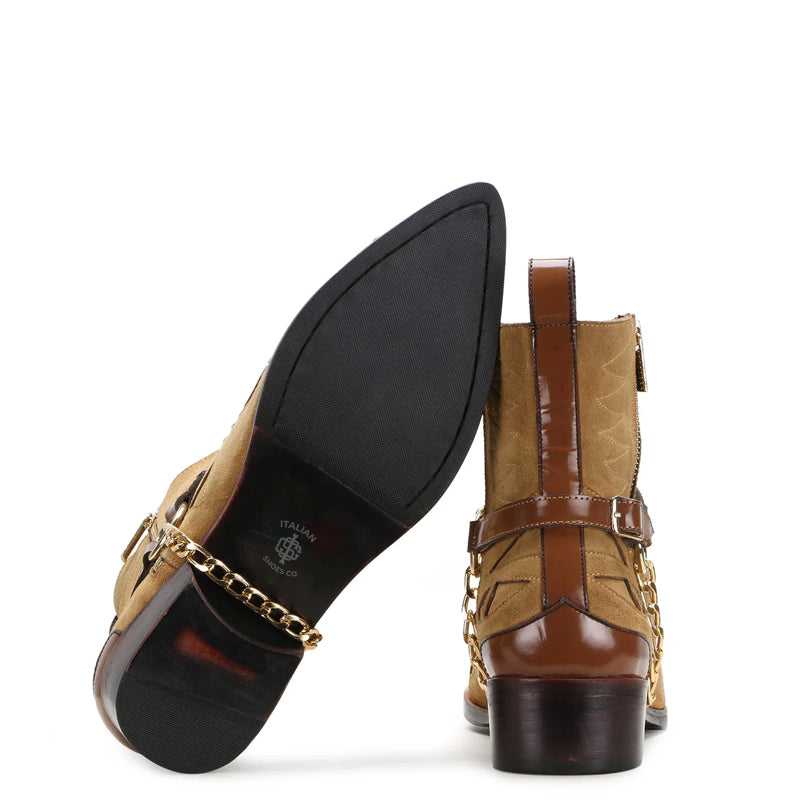 Luxury Premium Leather Side Zipper Boots With Chain Buckle
