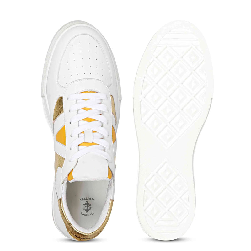 Leather Handcrafted White and Green Sneaker For Men