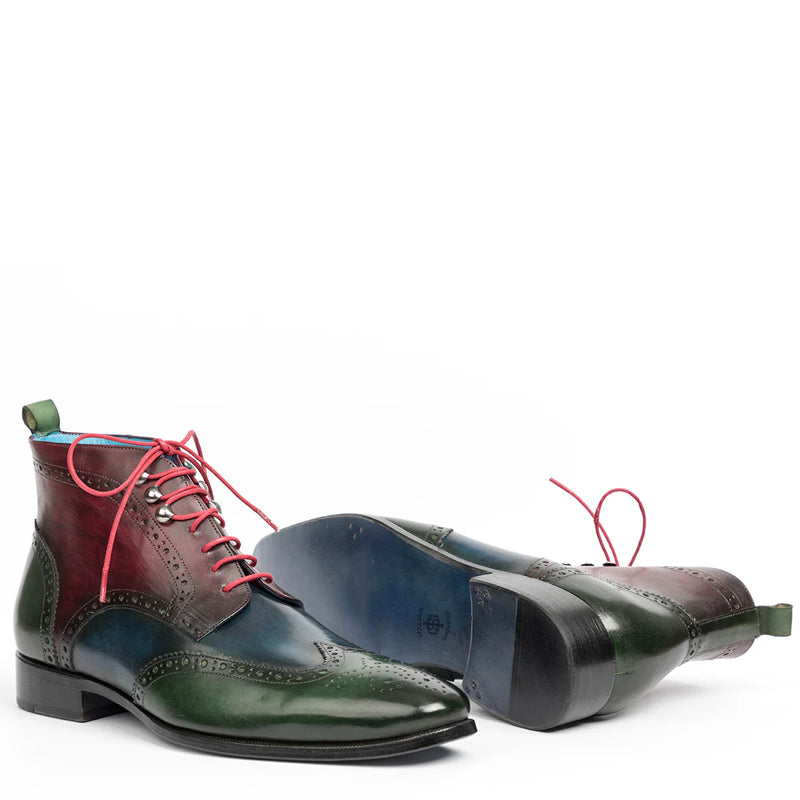Men Dual Tone Leather Wingtip Ankle Green & Blue Burgundy Boot