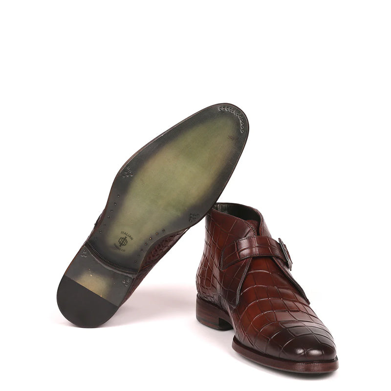Single Monk Straps Croco Print Leather Ankle Boot