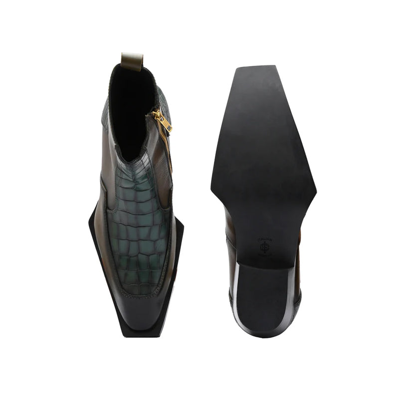 Luxury Croco Textured Leather Side-Zipper Boot Green and