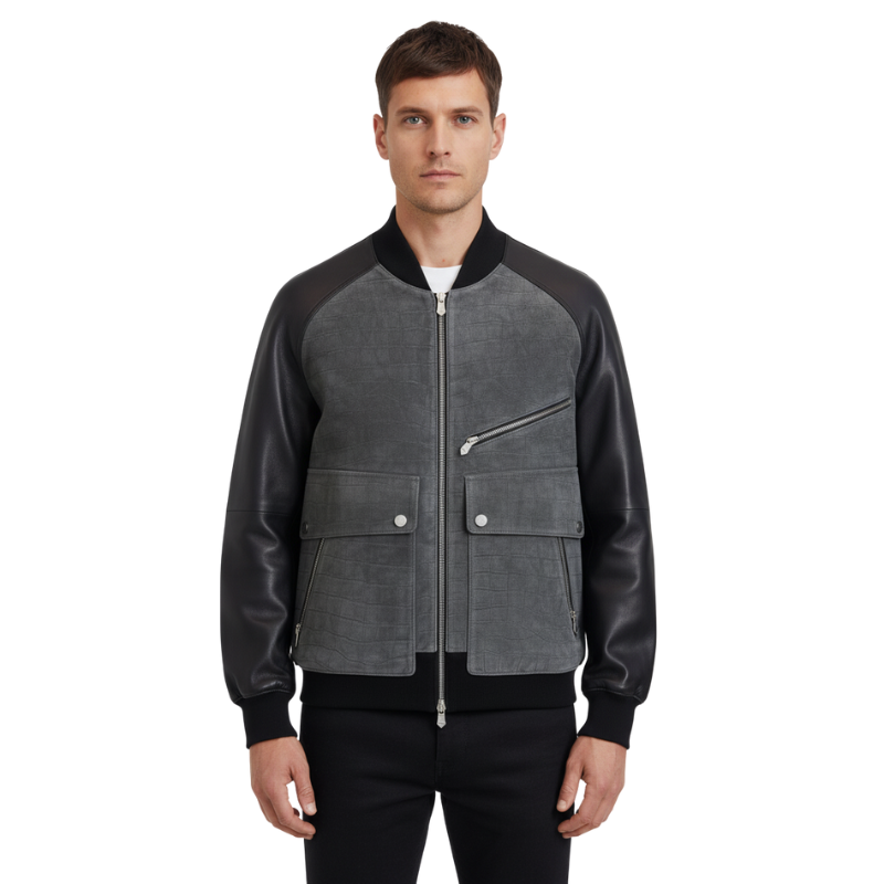 Croc Textured Leather Bomber Jacket