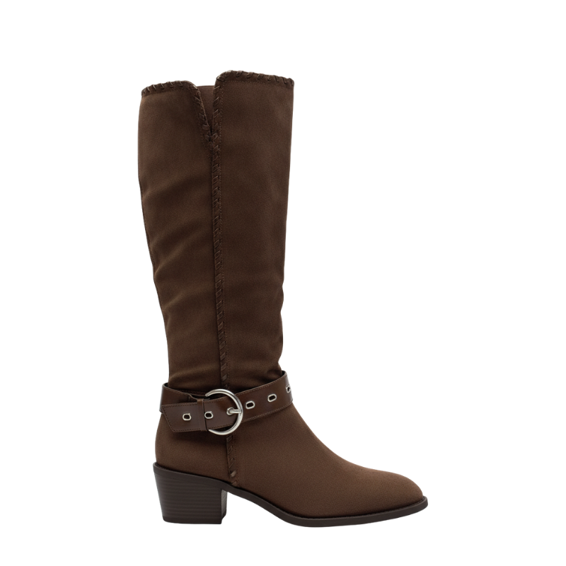 Rustic Suede Saddle Strap Knee High Boots
